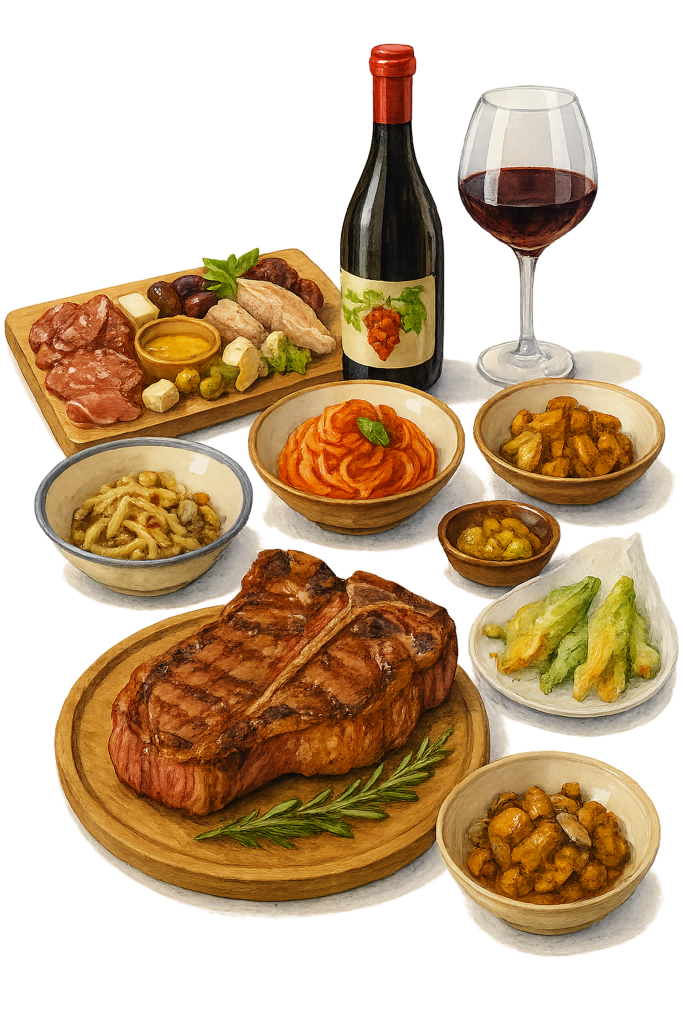 Piatti tipici toscani con tagliere di salumi, bistecca alla fiorentina, pasta al pomodoro, contorni e vino rosso