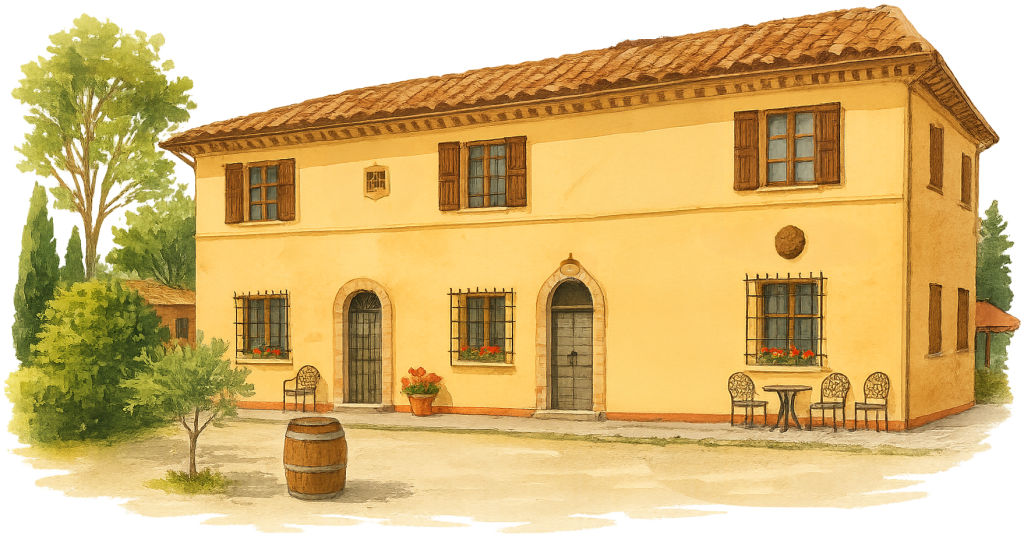 Disegno acquerellato della facciata principale dell’agriturismo Casa alle Vacche in Toscana