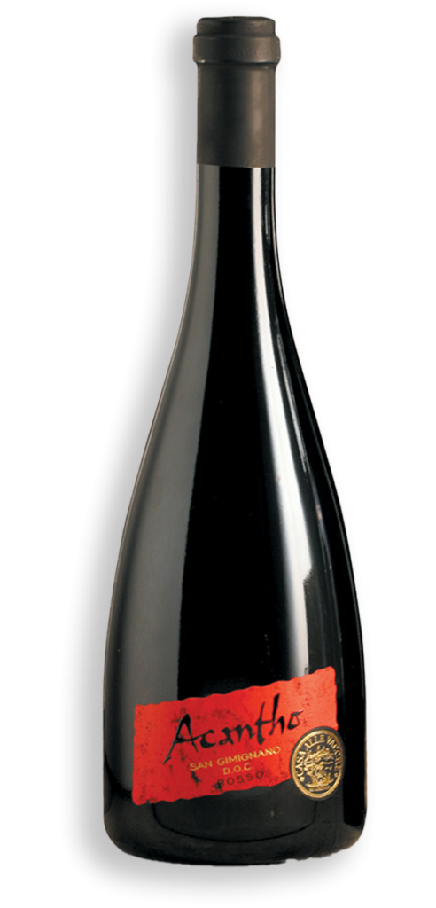 Bottiglia di vino rosso Acantho Toscana IGT di Casa alle Vacche, etichetta rossa artigianale su fondo nero