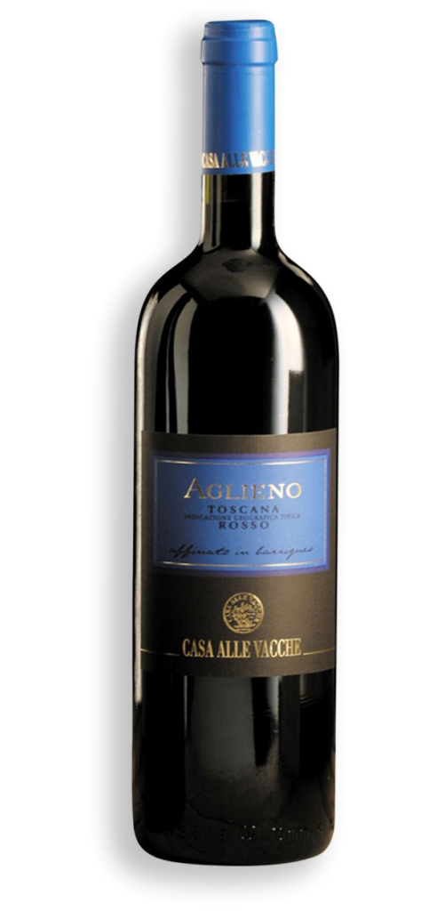 Bottiglia di vino rosso Aglieno Toscana IGT di Casa alle Vacche, etichetta blu, affinato in barrique