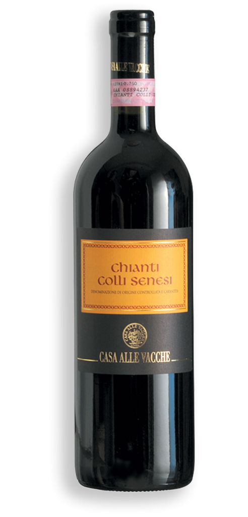 Bottiglia di Chianti Colli Senesi DOCG di Casa alle Vacche, etichetta arancio su fondo nero