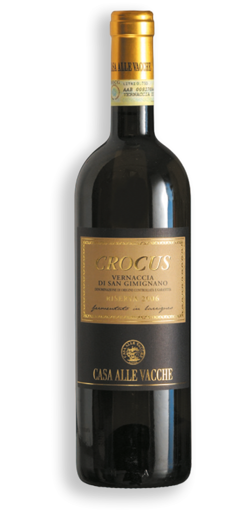 Bottiglia di Vernaccia di San Gimignano Riserva Crocus di Casa alle Vacche, etichetta nera con dettagli dorati