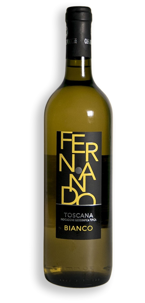 Bottiglia di vino bianco Fernando Toscana IGT di Casa alle Vacche, etichetta nera e gialla dal design moderno