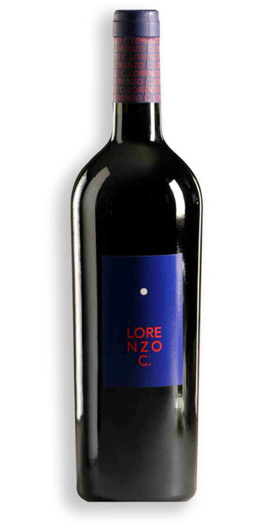 Bottiglia di vino rosso Lorenzo C. Toscana IGT di Casa alle Vacche, etichetta blu e rossa con design moderno
