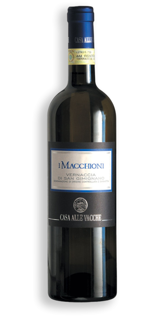 Bottiglia di vino bianco I Macchioni, Vernaccia di San Gimignano DOCG, etichetta blu