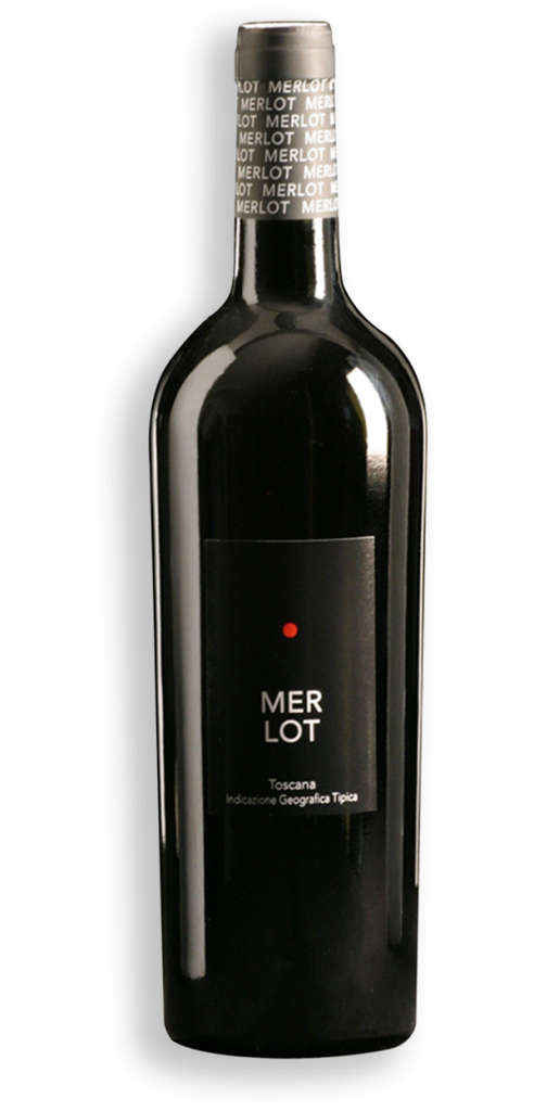 Bottiglia di vino rosso Merlot Toscana IGT di Casa alle Vacche, etichetta nera minimale
