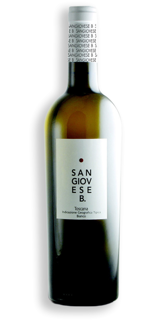 Bottiglia di vino bianco Sangiovese B. Toscana IGT di Casa alle Vacche, etichetta bianca essenziale