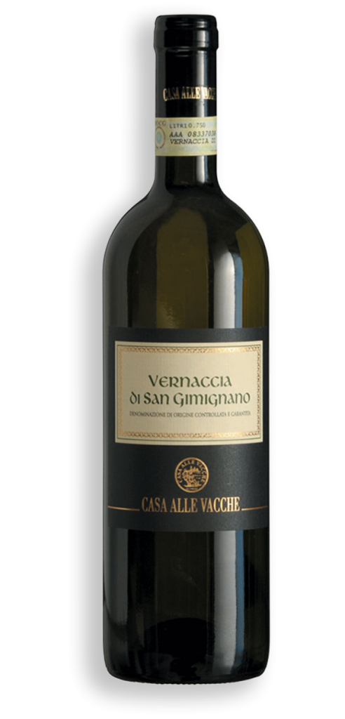 Bottiglia di Vernaccia di San Gimignano DOCG Casa alle Vacche, etichetta chiara su fondo nero