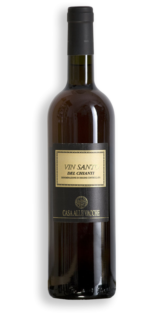 Bottiglia di Vin Santo del Chianti DOC di Casa alle Vacche, etichetta dorata su sfondo nero