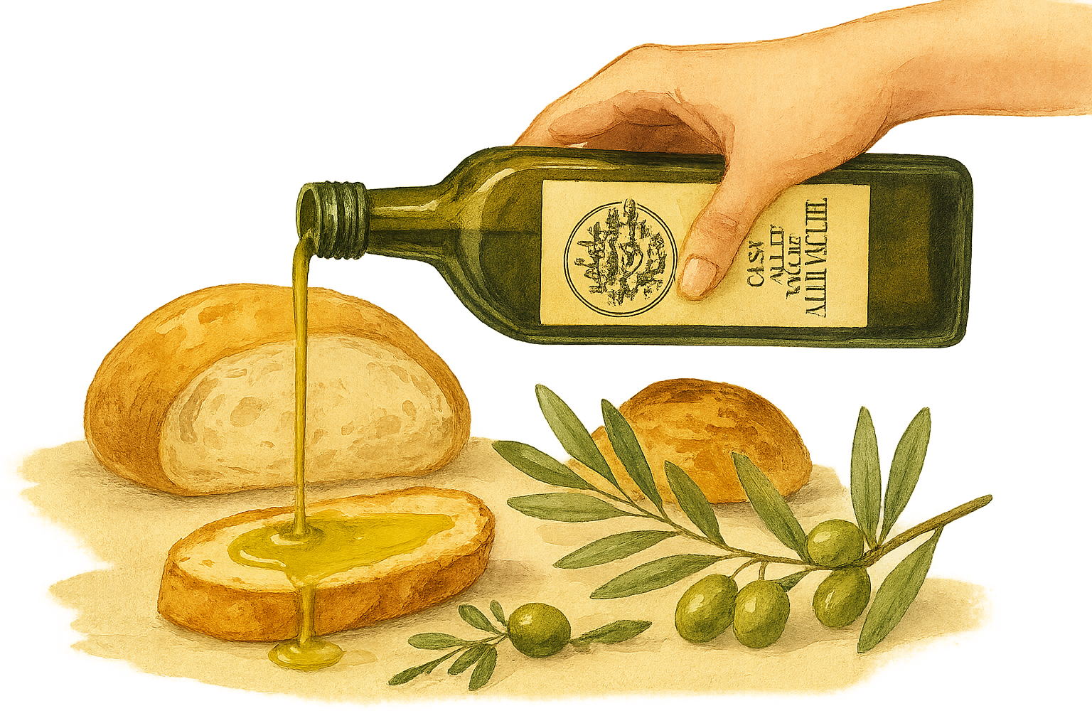 Illustrazione di olio extravergine d’oliva versato su una fetta di pane
