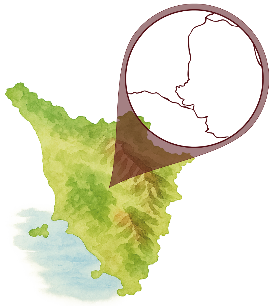 Mappa illustrata della Toscana con dettaglio stradale su San Gimignano e posizione di Casa alle Vacche